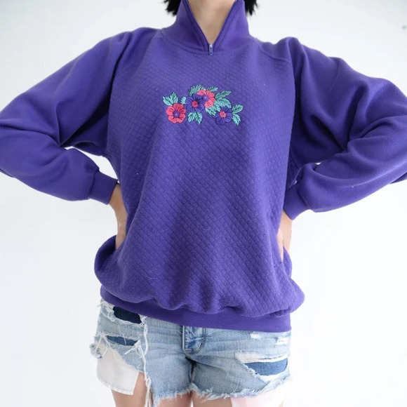 Vintage Lady Footlocker Purple  Floral Half Zip Long Sleeve Sweater Med - Picture 2 of 14